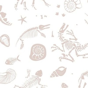 Jurassic discovery - Fossils and ammonites - paleontology studies and natural history design dinosaurs elephants shells under water creatures kids wallpaper earthy beige sand on white WALLPAPER LARGE