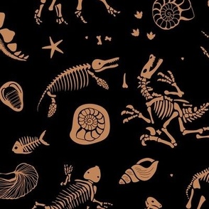 Jurassic discovery - Fossils and ammonites - paleontology studies and natural history design dinosaurs elephants shells under water creatures kids wallpaper golden rust sienna teal on black WALLPAPER LARGE