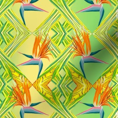 Medium - Birds of Paradise on a Bright, Jungle-Inspired Trellis with a Gradient Background - Mixed Media