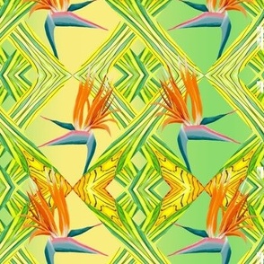 Medium - Birds of Paradise on a Bright, Jungle-Inspired Trellis with a Gradient Background - Mixed Media