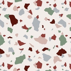 Traditional Italian marble stone terrazzo tiles minimalist abstract boho paper shard spots christmas green red gray on ivory