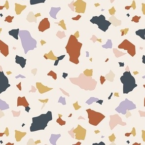 Traditional Italian marble stone terrazzo tiles minimalist abstract boho paper shard spots autumn rust lilac mustard yellow on ivory colorful retro palette