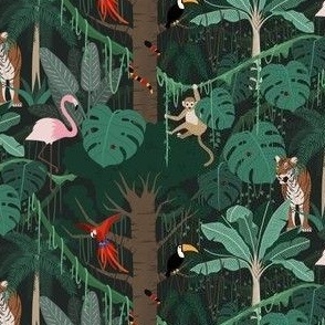 flamingos, parrots, monkeys, tigers, snakes in a lush green jungle filled with monstera plant, banana tree, hanging vines and tropical plants