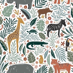 Jungle Animal Friends - hippo, tiger, giraffe, warthog, turtle, crocodile, meerkat, toucan - colorful - medium