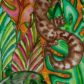 Jungle Lizard Happy Colourful Salamander Friends Playing Among Tropical Leafs and Exotic Greens