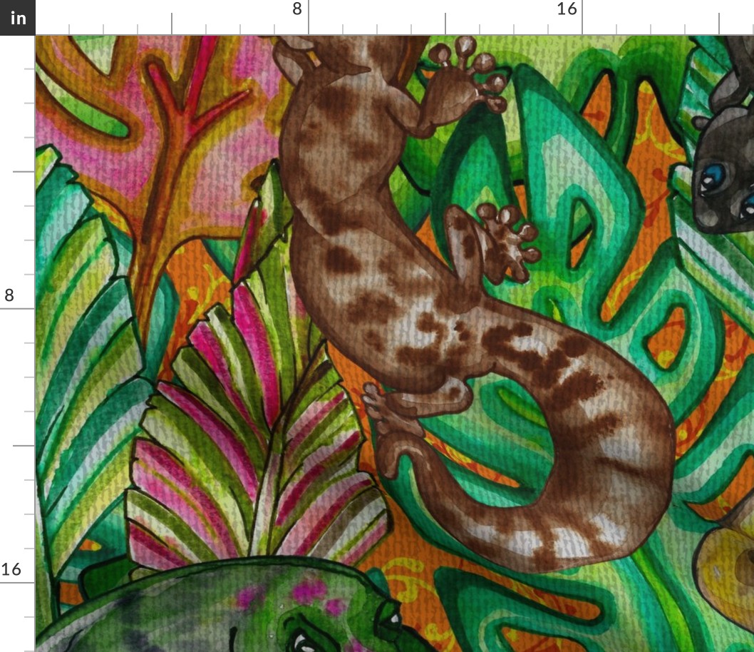 Jungle Lizard Happy Colourful Salamander Friends Playing Among Tropical Leafs and Exotic Greens