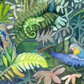Jungle Watercolor (xxl scale) | Jungle animals, rainforest fabric, global tropical forest with parrots, chameleons, lizards and birds, watercolor fabric, colorful fabric, tropical leaves and plants.