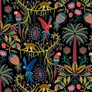 Joyful jungle with parrots, monkeys, palms and exotic flowers - bright & colourful on black - extra large