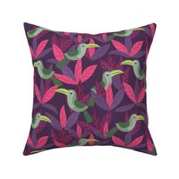 Joyful Night Jungle, Toucan Birds and Tropical Leaves in Purple, Hot Pink, Green, Lilac