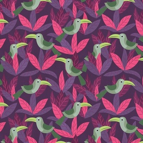 Joyful Night Jungle, Toucan Birds and Tropical Leaves in Purple, Hot Pink, Green, Lilac