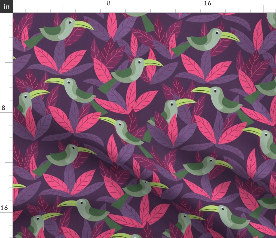 Joyful Night Jungle, Toucan Birds and Tropical Leaves in Purple, Hot Pink, Green, Lilac