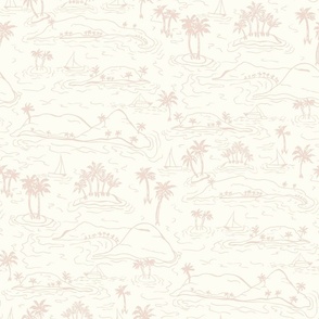 Whisunday Tropical Islands sailing boats and palms Toile blush pink on natural by Jac Slade
