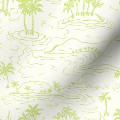 Whisunday Tropical Islands sailing boats and palms Toile honeydew green on natural by Jac Slade