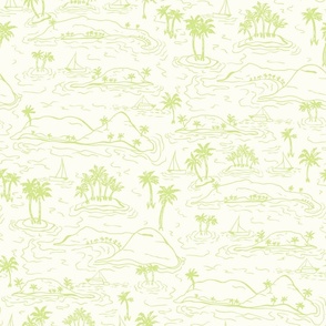 Whisunday Tropical Islands sailing boats and palms Toile honeydew green on natural by Jac Slade