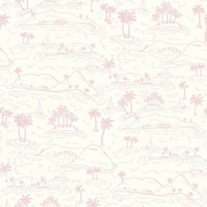 Whisunday Tropical Islands sailing boats and palms Toile cotton candy pink on natural by Jac Slade