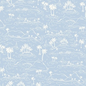 Whisunday Tropical Islands sailing boats and palms Toile fog blue by Jac Slade