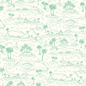 Whisunday Tropical Islands sailing boats and palms Toile jade green on natural by Jac Slade