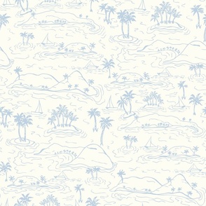 Whisunday Tropical Islands sailing boats and palms Toile fog blue on natural by Jac Slade
