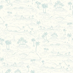 Whisunday Tropical Islands sailing boats and palms Toile Seaglass blue green by Jac Slade
