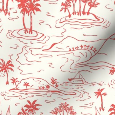 Whisunday Tropical Islands sailing boats and palms Toile Seaglass Red on Natural by Jac Slade