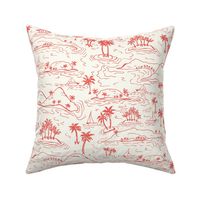 Whisunday Tropical Islands sailing boats and palms Toile Seaglass Red on Natural by Jac Slade