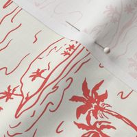 Whisunday Tropical Islands sailing boats and palms Toile Seaglass Red on Natural by Jac Slade