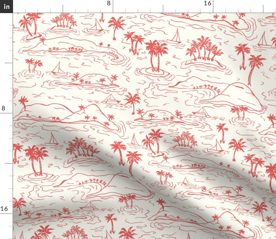 Whisunday Tropical Islands sailing boats and palms Toile Seaglass Red on Natural by Jac Slade