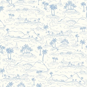 Whisunday Tropical Islands sailing boats and palms Toile sky blue on natural by Jac Slade