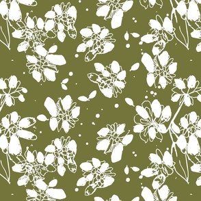 Vintage Garden - Lace - White On Moss Green.