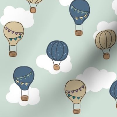 Hand drawn hot air balloons, transportation for adventure seekers on mint green - medium
