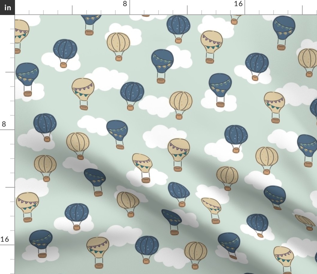 Hand drawn hot air balloons, transportation for adventure seekers on mint green - medium