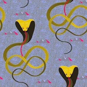 Golden Yellow Cobra with pyramids on textural blue background