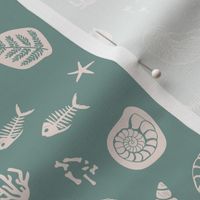 Jurassic discovery paleontologist  - seas shell fossils ocean fish bones and skulls ammonites and fossils kids design ivory on sea foam green 