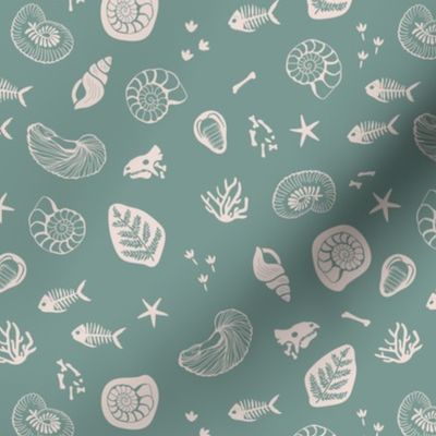 Jurassic discovery paleontologist  - seas shell fossils ocean fish bones and skulls ammonites and fossils kids design ivory on sea foam green 