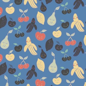 Fruity - blue - large - Happy cute kawaii fruit with little faces, apples, lemons, pears, bananas and cherries - black and blue - boy nursery, baby boy