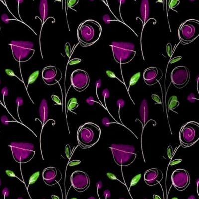 Black and Pink Folk Art Abstract Flower Pattern
