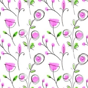White and Pink Folk Art Abstract Flower Pattern