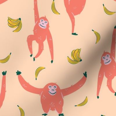 Fun orangutan monkey pattern repeat with banana in orange and yellow