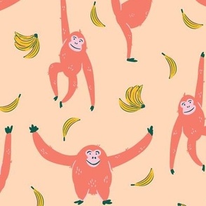 Fun orangutan monkey pattern repeat with banana in orange and yellow