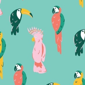 Tropical birds pattern: cockatoo, parrot and toucan