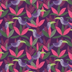 Joyful Night Jungle With Violet Tropical Toucan Birds, Purple, Hot Pink, Lilac