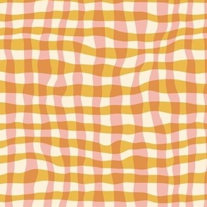Wonky cheerful check plaid tartan gingham buffalo plaid, warm orange and blush pink, for kids apparel, shirts, dresses, table linen, patchwork quilts