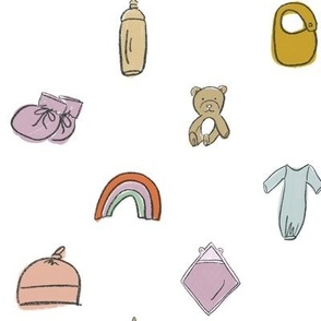 Cute Newborn Baby Nursery Items - Booties, Rainbow, Bib, Blanket, Bottle, Teddy Bear