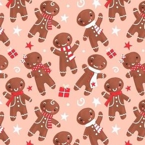Cute Girls Christmas Gingerbread characters on soft peach pink