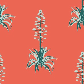 extra large desert cactus -vintage style - agave plants on a bright coral background wallpaper