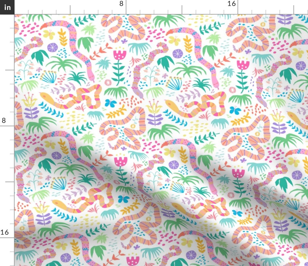 Happy Jungle Snakes in Cream - Mable Tan X Spoonflower: Hissterical Snakes Design Challenge