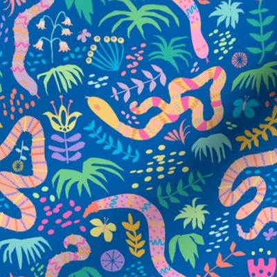 Happy Jungle Snakes in Blue - Mable Tan X Spoonflower: Hissterical Snakes Design Challenge