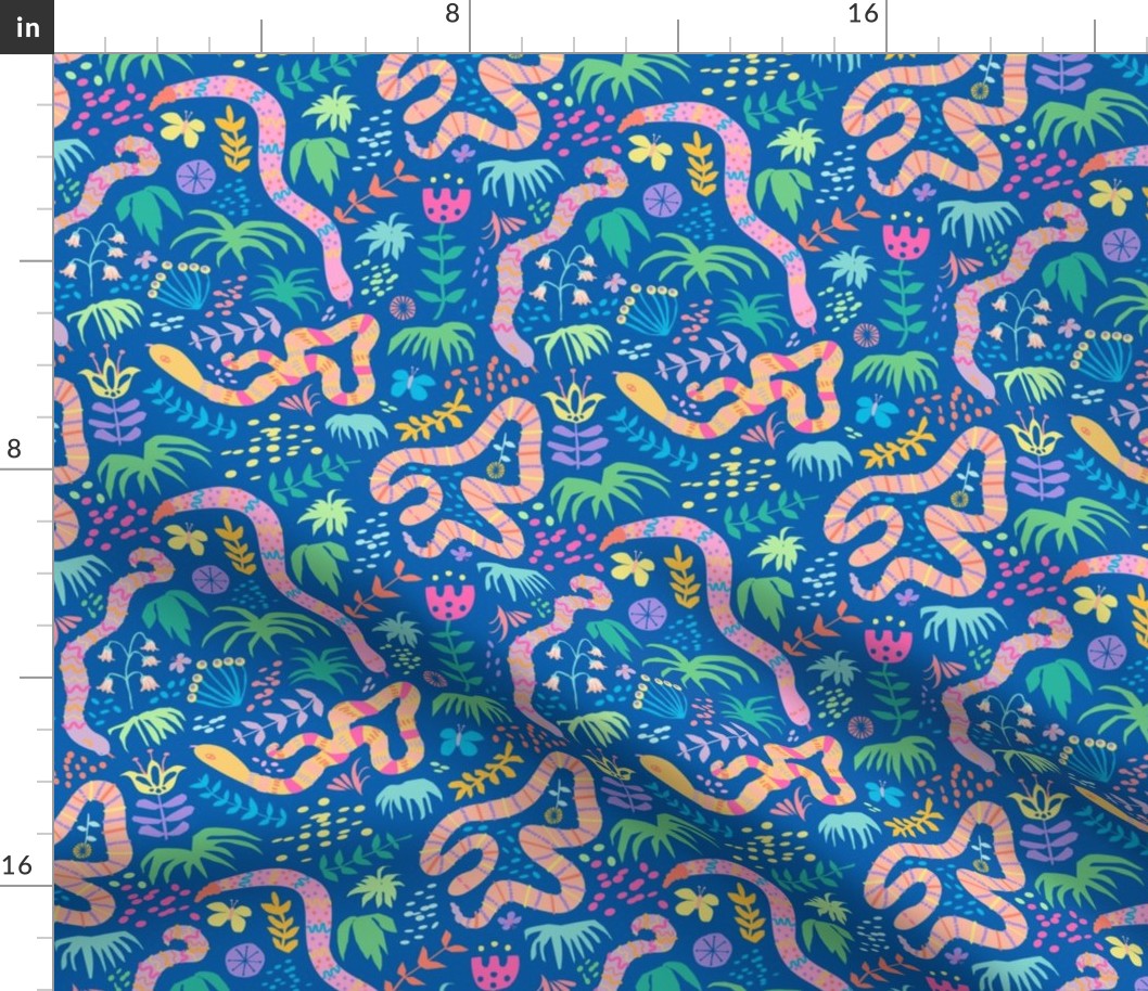 Happy Jungle Snakes in Blue - Mable Tan X Spoonflower: Hissterical Snakes Design Challenge