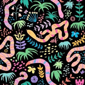 Happy Jungle Snakes in Black - Mable Tan X Spoonflower: Hissterical Snakes Design Challenge