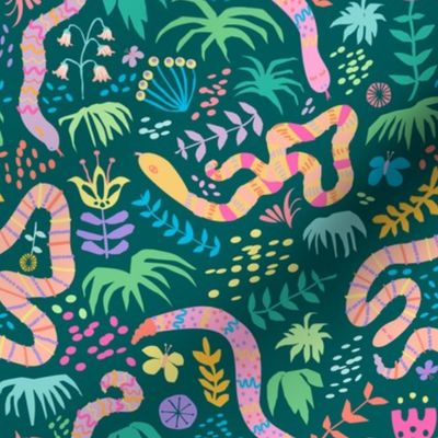 Happy Jungle Snakes in Green - Mable Tan X Spoonflower: Hissterical Snakes Design Challenge